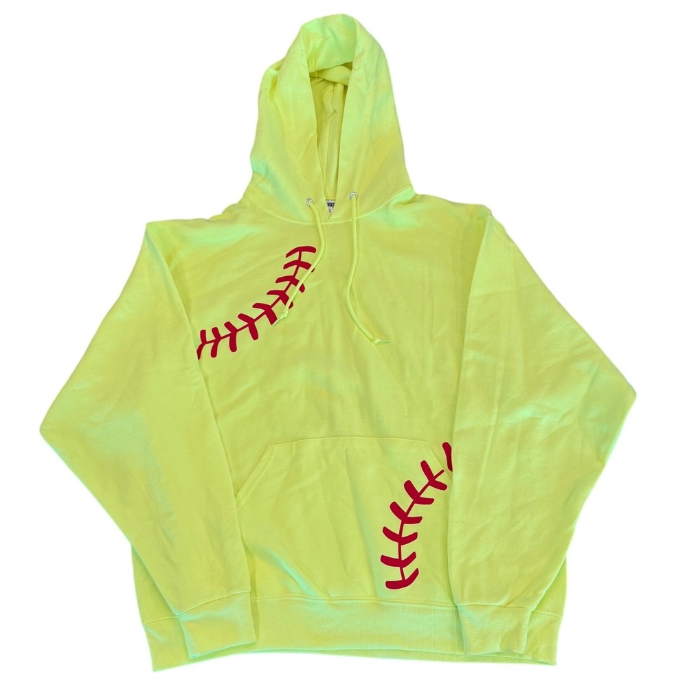 Jerzees NuBlend Neon Yellow Softball Stitching Hoodie Sweatshirt Large